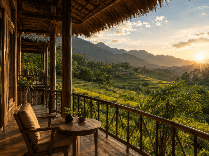 Écolodge avec terrasse donnant sur les rizières de Pu Luong
