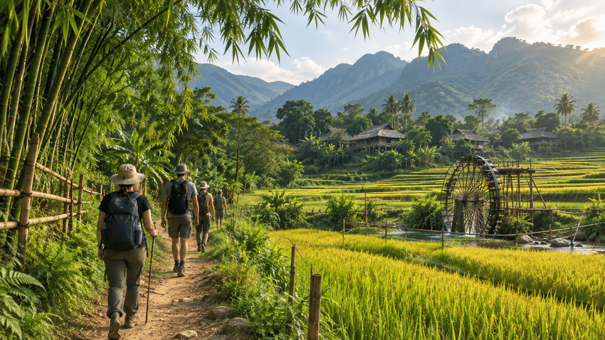 Randonneurs sur le sentier entre Ban Don et Ban Uoi à Pu Luong