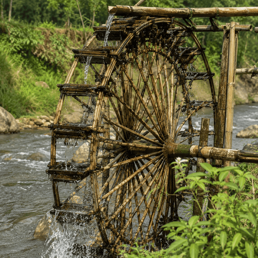 Roue à eau traditionnelle en bambou sur la rivière Cham à Pu Luong