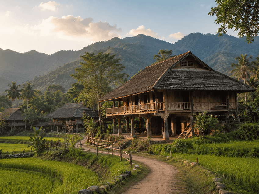 Maisons sur pilotis dans le village thaï de Ban Don à Pu Luong